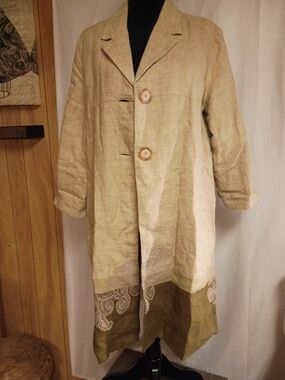 J. Jill Beige and Olive Linen Blend Long Coat with Embroidered Hem